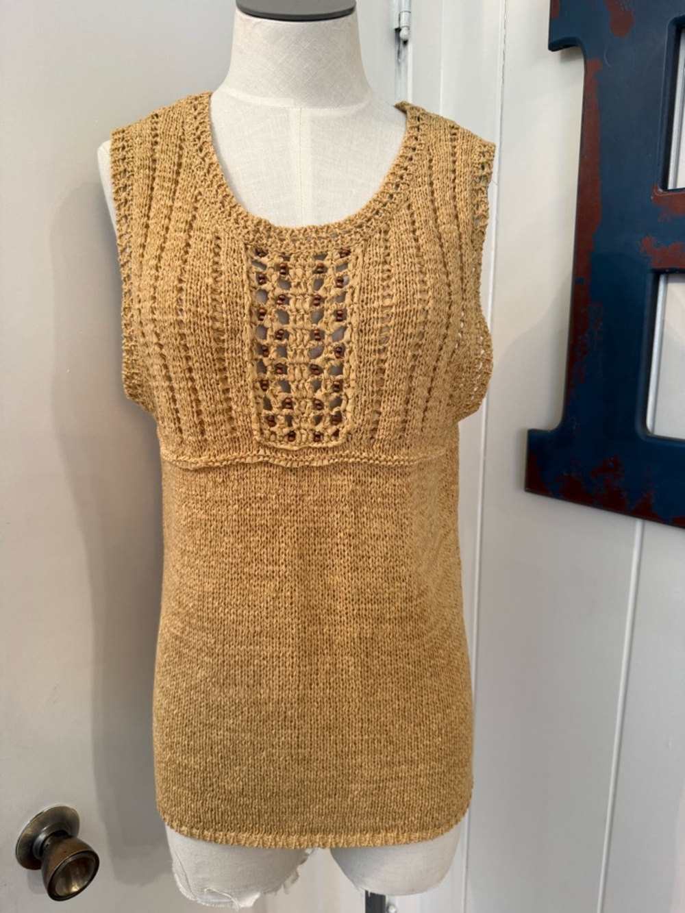 Mirasol Mustard Yellow knit beaded  Sleeveless Top Sz M
